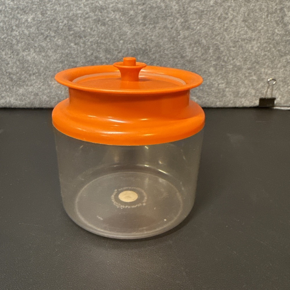 Tupperware Canister PUSH BUTTON Lid Orange  Acrylic 3 3/4 Cups 1469-7 Vintage
